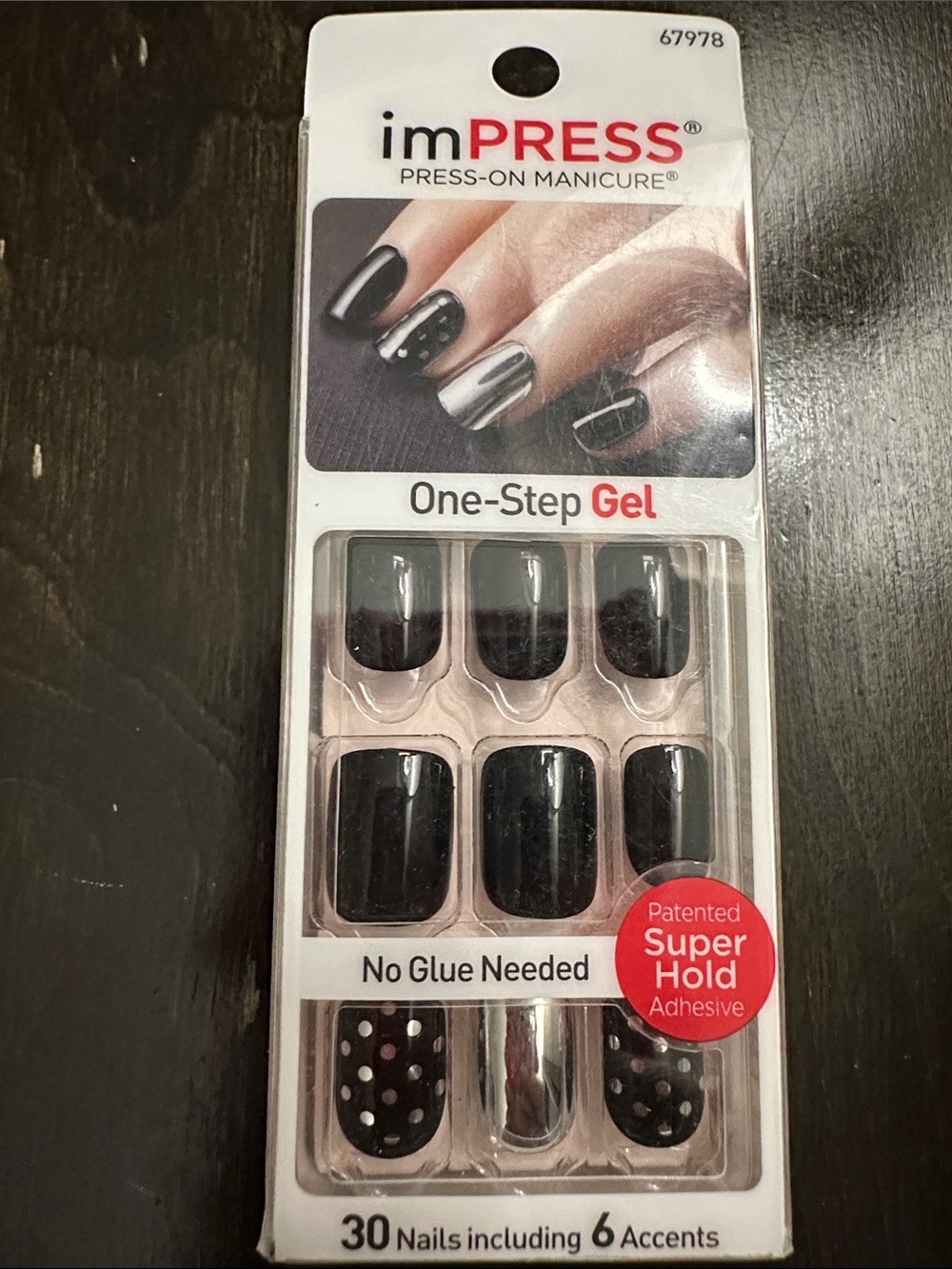 imPRESS One-Step Gel Press-On Manicure Nails — Black with Polka Dot Accents